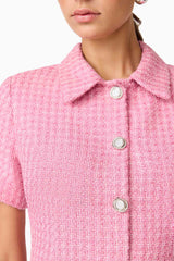 Brunette model wearing Alia Short Sleeve Mini Dress in Pink detail shot