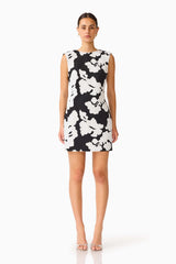 Bloomoir Shift Mini Dress in Black & White with a round neckline and sleeveless silhouette front shot