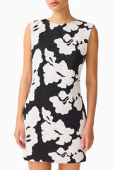 Bloomoir Shift Mini Dress in Black & White with a round neckline and sleeveless silhouette d etailshot