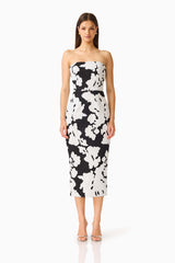 Bloomnoir Column Midi Dress in Black & White with a strapless neckline & lace fabrication front shot