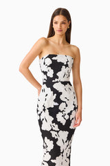 Bloomnoir Column Midi Dress in Black & White with a strapless neckline & lace fabrication close up shot