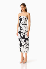 Bloomnoir Column Midi Dress in Black & White with a strapless neckline & lace fabrication side shot