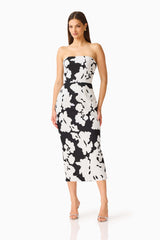 Bloomnoir Column Midi Dress in Black & White with a strapless neckline & lace fabrication posed shot