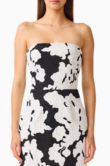 Bloomnoir Column Midi Dress in Black & White with a strapless neckline & lace fabrication detail shot