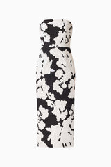 Bloomnoir Column Midi Dress in Black & White with a strapless neckline & lace fabrication ghost shot