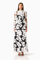 Bloomnoir Long Sleeve Maxi Dress in Black & White with a high neckline, sheer long sleeves & fit & flare fit front shot