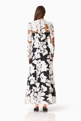 Bloomnoir Long Sleeve Maxi Dress in Black & White with sheer long sleeves, back zipper  & fit & flare fit back shot