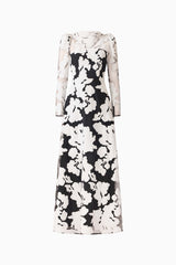 Bloomnoir Long Sleeve Maxi Dress in Black & White with a high neckline, sheer long sleeves & fit & flare fit ghost shot