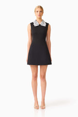 Elysia Lace Mini Dress in Black with a-line silhouette front shot