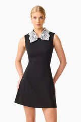 Elysia Lace Mini Dress in Black with a-line silhouette close up shot