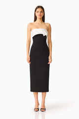 Elysia Columnt Midi Dress in Black with  contrast satin neckline and column silhouette front shot