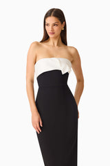 Elysia Columnt Midi Dress in Black with  contrast satin neckline and column silhouette close up shot