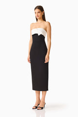 Elysia Columnt Midi Dress in Black with  contrast satin neckline and column silhouette side shot
