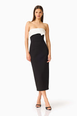 Elysia Columnt Midi Dress in Black with  contrast satin neckline and column silhouette posed shot