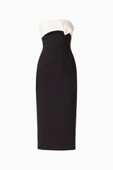 Elysia Columnt Midi Dress in Black with  contrast satin neckline and column silhouette ghost shot