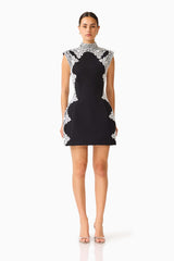 Elysia Lace Mini Dress in Black with a high neckline & tulip silhouette front shot