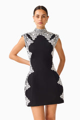 Elysia Lace Mini Dress in Black with a high neckline & tulip silhouette close up shot