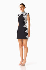 Elysia Lace Mini Dress in Black with a high neckline & tulip silhouette side shot