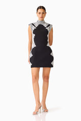Elysia Lace Mini Dress in Black with a high neckline & tulip silhouette posed shot