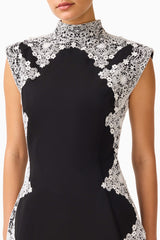 Elysia Lace Mini Dress in Black with a high neckline & tulip silhouette detail shot