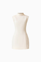 Elysia Lace Mini Dress in White with high collar neckline & tulip silhouette ghost shot