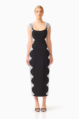 Elysia Lace Midi Dress in Black with square neckline & waist cut out front shot 