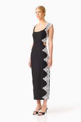 Elysia Lace Midi Dress in Black with square neckline & waist cut out side shot 
