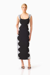 Elysia Lace Midi Dress in Black with square neckline & waist cut out posed shot 