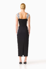 Elysia Lace Midi Dress in Black with back sipper & waist cut out back shot 