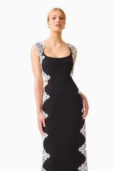 Elysia Lace Midi Dress in Black with square neckline & waist cut out close up shot 