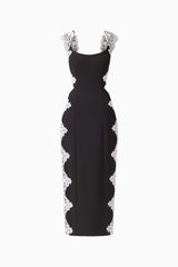 Elysia Lace Midi Dress in Black with square neckline & waist cut out ghost shot 