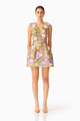 Fiora Tulip Mini Dress in Green & Pink Floral with a deep neckline & 3D Floral Embroidery front shot