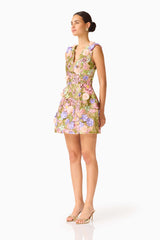 Fiora Tulip Mini Dress in Green & Pink Floral with a deep neckline & 3D Floral Embroidery side shot