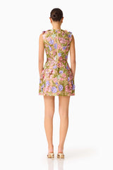 Fiora Tulip Mini Dress in Green & Pink Floral with a back zipper & 3D Floral Embroidery back shot
