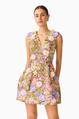 Fiora Tulip Mini Dress in Green & Pink Floral with a deep neckline & 3D Floral Embroidery detail shot