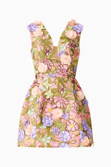 Fiora Tulip Mini Dress in Green & Pink Floral with a deep neckline & 3D Floral Embroidery ghost shot