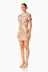 Fiora Shift Mini Dress in Green & Pink Floral with short sleeves & 3D floral embroidery side shot