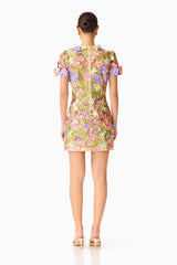 Fiora Shift Mini Dress in Green & Pink Floral with short sleeves & back zipper back shot