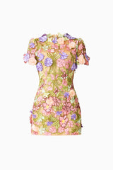 Fiora Shift Mini Dress in Green & Pink Floral with short sleeves & 3D floral embroidery ghost shot