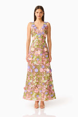 Fiora A-Line Gown in Green & Pink Floral with v-neckline & 3D floral embroidery  front shot