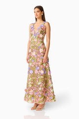 Fiora A-Line Gown in Green & Pink Floral with v-neckline & 3D floral embroidery  side shot