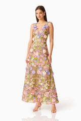 Fiora A-Line Gown in Green & Pink Floral with v-neckline & 3D floral embroidery  posed shot
