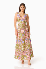 Fiora A-Line Gown in Green & Pink Floral with v-neckline & 3D floral embroidery  posed front shot