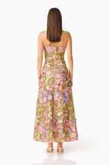 Fiora A-Line Gown in Green & Pink Floral with a back zipper & 3D floral embroidery  back shot
