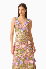 Fiora A-Line Gown in Green & Pink Floral with v-neckline & 3D floral embroidery  close up shot