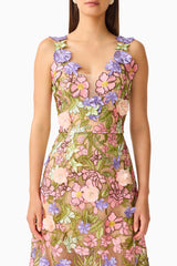 Fiora A-Line Gown in Green & Pink Floral with v-neckline & 3D floral embroidery  detail shot