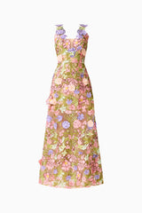 Fiora A-Line Gown in Green & Pink Floral with v-neckline & 3D floral embroidery  ghost shot