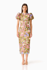Fiora Puff Sleeve Midi Dress in Green  & Pink Floral with a round neckline, puff sleeves & floral embroidery front shot
