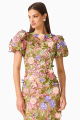 Fiora Puff Sleeve Midi Dress in Green  & Pink Floral with a round neckline, puff sleeves & floral embroidery close up shot