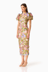 Fiora Puff Sleeve Midi Dress in Green  & Pink Floral with a round neckline, puff sleeves & floral embroidery side shot